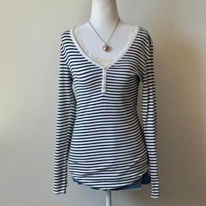 GAP Navy and White Striped V-Neck Blouse